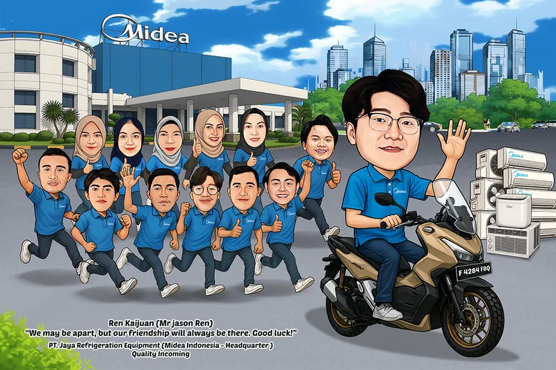 Karikatur seorang pria berkacamata mengenakan seragam polo biru Midea sedang mengendarai sepeda motor sambil melambaikan tangan. Di belakangnya terdapat banyak rekan kerja pria dan wanita dengan seragam biru senada yang berlari dan memberikan pose semangat. Latar menampilkan gedung Midea, kawasan perkotaan, serta berbagai produk elektronik dan pendingin udara seperti AC, outdoor unit, dan peralatan rumah tangga. Pada bagian bawah terdapat pesan perpisahan untuk Ren Kaijuan atau Mr Jason Ren dari tim Quality Incoming.