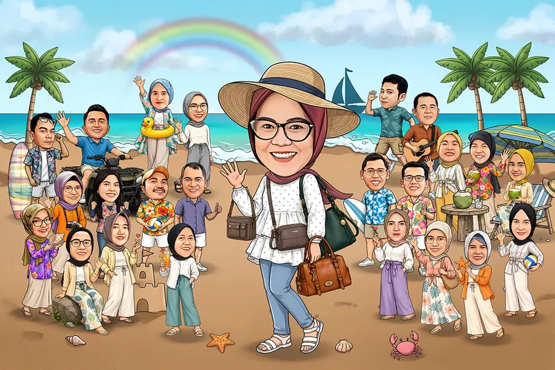 Karikatur seorang wanita berhijab, berkacamata, dan memakai topi pantai berdiri sebagai tokoh utama di tengah sambil membawa beberapa tas dan melambaikan tangan. Di sekelilingnya terdapat banyak rekan kerja pria dan wanita dengan suasana santai di pantai, lengkap dengan pohon kelapa, papan selancar, ATV, payung pantai, gitar, bola, pasir, laut, perahu layar, serta pelangi.