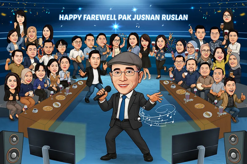 Karikatur pria bertopi flat cap memegang mikrofon sambil bernyanyi di panggung karaoke, dikelilingi puluhan rekan kerja yang duduk di meja panjang kedua sisi sambil bertepuk tangan, memegang gelas anggur, dan tamborin, dengan latar panggung biru bertabur kelap-kelip cahaya.