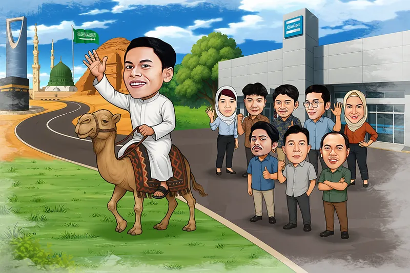 Karikatur seorang pria berjubah putih menunggangi unta di jalan berkelok, dengan menara Riyadh, Kabah, dan masjid berkubah hijau di kejauhan kiri, sementara delapan rekan berbusana kantor melambai di depan gedung perusahaan di kanan