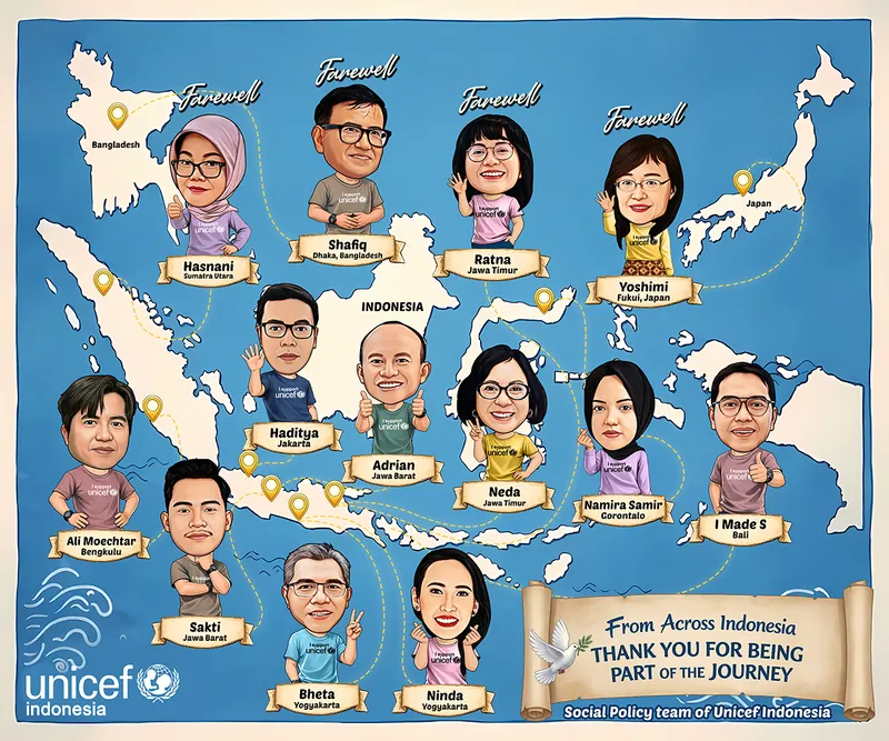 Karikatur tiga belas anggota tim tersebar di atas ilustrasi peta Asia Tenggara dan sekitarnya, masing-masing berdiri di lokasi kota asalnya lengkap dengan pita nama kota, empat di antaranya diberi label ucapan perpisahan, dihubungkan garis putus-putus kuning yang menyatukan seluruh lokasi.