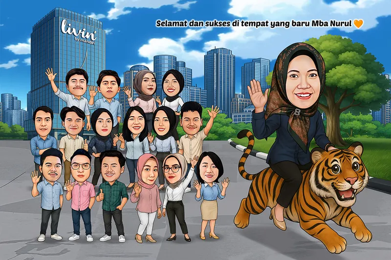 Karikatur seorang perempuan berhijab cokelat bermotif menunggangi seekor harimau berlari kencang di sisi kanan, sementara enam belas rekan kerja berdiri melambai dan tersenyum di sisi kiri, dengan latar gedung kantor bank digital dan gedung pencakar langit.