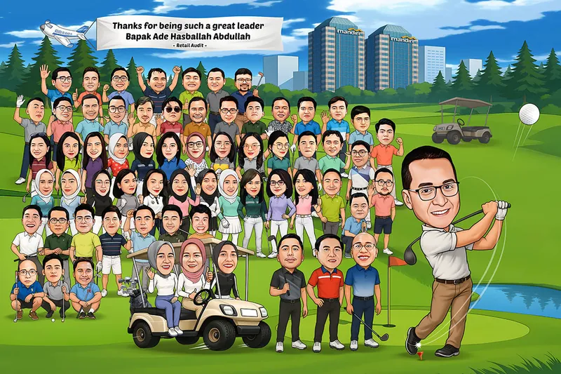 Karikatur seorang pria berkacamata sebagai tokoh utama lagi melakukan pukulan golf di lapangan hijau. Di belakangnya terdapat puluhan rekan kerja pria dan wanita yang berpose bersama, beberapa membawa stik golf dan sebagian duduk di golf cart. Latar menampilkan gedung Bank Mandiri, pepohonan, area lapangan golf, dan spanduk bertuliskan Thanks for being such a great leader Bapak Ade Hasballah Abdullah - Retail Audit -.