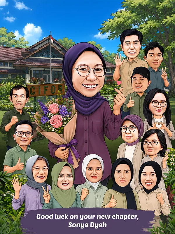 Karikatur seorang wanita berhijab ungu dan berkacamata berdiri sebagai tokoh utama sambil tersenyum, membawa buket bunga, dan membuat gestur hati dengan tangan. Di sekelilingnya terdapat banyak rekan kerja pria dan wanita yang memberi pose semangat, melambaikan tangan, mengacungkan jempol, dan membuat simbol hati. Latar menampilkan area hijau dan gedung CIFOR, dengan tulisan Good Luck on your new chapter, Sonya Dyah di bagian bawah.