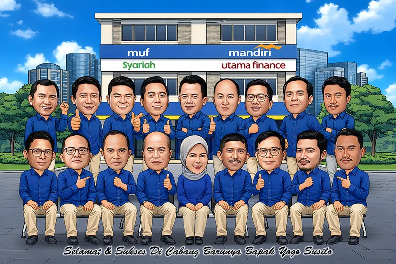 Karikatur grup karyawan Mandiri Utama Finance mengenakan seragam kemeja biru dan celana krem, berpose bersama di depan gedung perusahaan. Sebagian berdiri dan sebagian duduk sambil memberikan pose acungan jempol, mengepalkan tangan, dan menunjuk. Latar belakang menampilkan gedung dengan identitas MUF Syariah dan Mandiri Utama Finance serta suasana perkotaan.