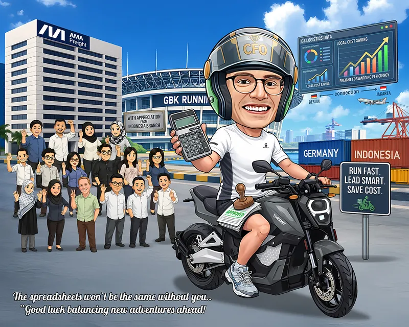 Karikatur pria berkacamata dan berhelm bertuliskan singkatan jabatan keuangan mengendarai skuter listrik hitam sambil memegang kalkulator dan cap persetujuan, dikelilingi enam belas rekan kerja berdiri melambai di sisi kiri, dengan latar gedung kantor perusahaan logistik dan tumpukan peti kemas bertuliskan dua negara berbeda.
