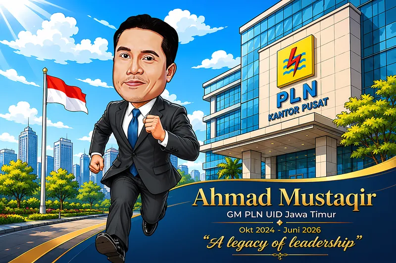 Karikatur pria berjas gelap dan berdasi biru berlari dinamis dengan kepalan tangan terangkat di trotoar kota, dengan latar gedung kantor pusat perusahaan listrik negara berlogo petir kuning dan bendera merah putih berkibar di tiang.