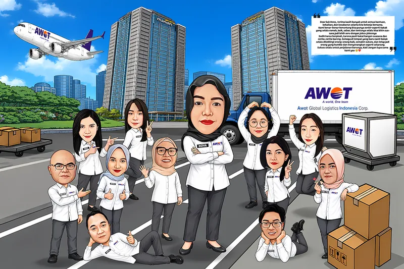 Karikatur seorang wanita bernama Nova berdiri sebagai tokoh utama di tengah bersama banyak rekan kerja yang mengenakan seragam AWOT. Latar menampilkan gedung perkantoran Mandiri, pesawat kargo, truk logistik AWOT, troli barang, dan tumpukan kardus. Di bagian kanan atas terdapat pesan perpisahan dan ucapan sukses untuk perjalanan baru.