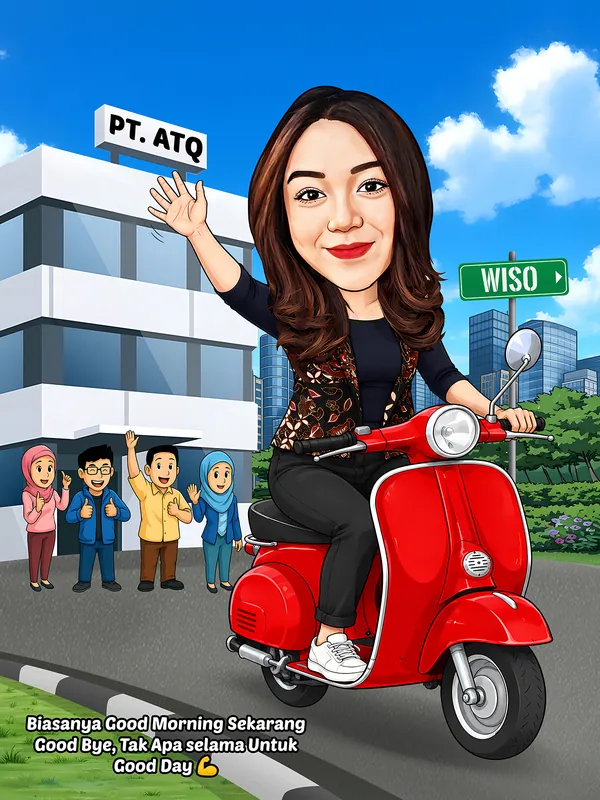 Karikatur perempuan berambut cokelat panjang mengenakan rompi batik cokelat di atas kaus hitam, mengendarai skuter Vespa merah melintasi jalan raya, melambaikan tangan ke empat rekan kerja yang berdiri di depan gedung kantor bertuliskan inisial perusahaan.