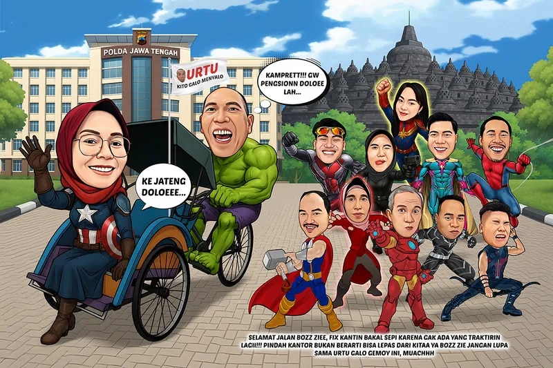 Karikatur wanita berhijab berkostum pahlawan berperisai bundar duduk di becak yang dikayuh pria berkostum raksasa hijau berotot, menuju gedung kepolisian daerah, dengan sembilan rekan lain berkostum superhero beragam berdiri di depan latar candi berundak raksasa.