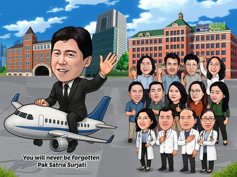 Karikatur seorang pria bernama Pak Satria Surjati mengenakan jas formal sambil duduk di atas ilustrasi pesawat dan melambaikan tangan. Di belakangnya terdapat sekelompok rekan kerja, termasuk beberapa dokter dengan jas putih dan stetoskop, serta latar gedung rumah sakit Siloam Radiologi dan bangunan perkotaan. Di bagian bawah terdapat tulisan You will never be forgotten Pak Satria Surjati.
