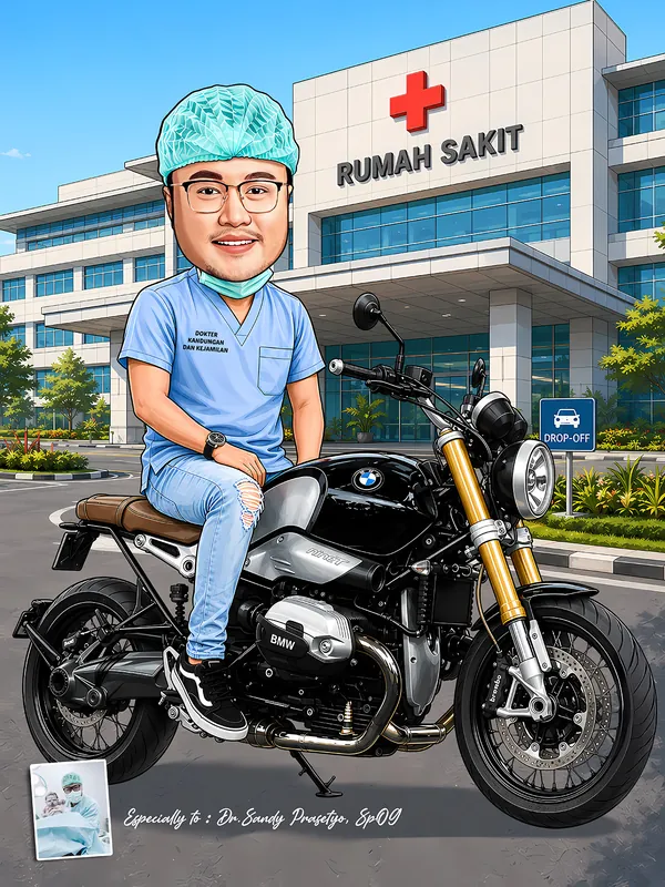 Karikatur pria berkacamata mengenakan topi bedah hijau tosca dan seragam scrub biru muda bertuliskan spesialisasi kandungan, duduk santai di atas motor besar bergaya cafe racer hitam keemasan, dengan latar gedung rumah sakit berlambang palang merah.