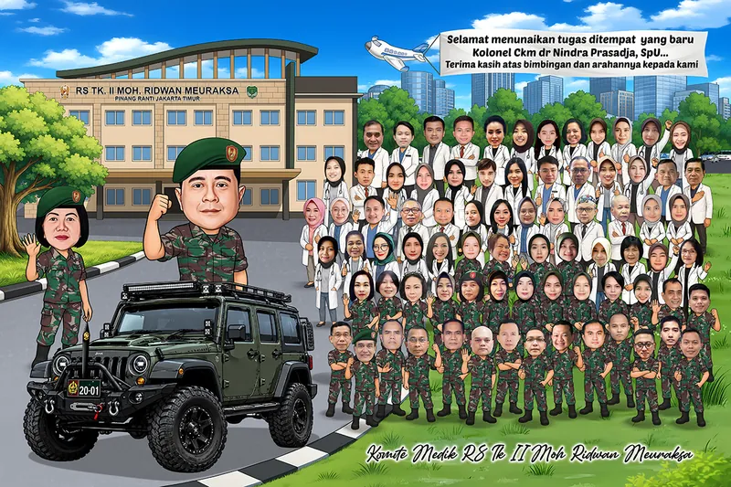 Karikatur pria berbaret hijau mengepalkan tangan berdiri di samping mobil jip militer hijau lapis baja, seorang perempuan berseragam serupa melambai di sisi kiri, dengan puluhan tenaga medis berjas putih dan personel berseragam loreng berbaris rapat di belakang, serta gedung rumah sakit militer bertingkat tiga dan pesawat kecil melintas di langit.
