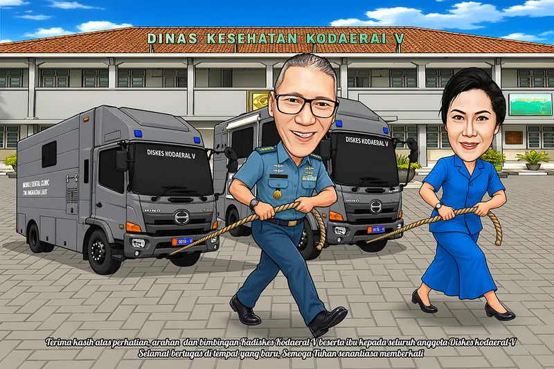 Karikatur pria berseragam biru dongker TNI AL dan seorang perempuan berbusana biru formal bersama-sama menarik seutas tali besar dengan pose melangkah maju, dengan latar gedung kantor dinas kesehatan dan dua truk klinik gigi keliling militer berwarna abu-abu.