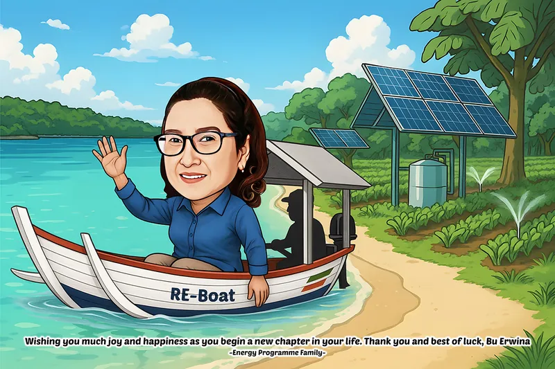 Karikatur perempuan berkacamata dan berambut ikal melambaikan tangan dari perahu kecil bertuliskan permainan kata energi terbarukan, dengan sosok pengemudi berpakaian gelap di belakangnya, dan latar kebun sayur beririgasi tenaga panel surya di tepi pantai.