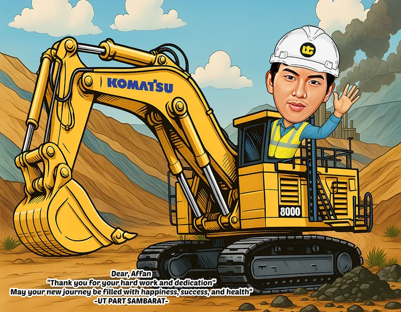 Karikatur seorang pria mengenakan helm keselamatan putih dan rompi reflektif sedang berada di atas excavator Komatsu berwarna kuning sambil melambaikan tangan. Latar belakang menggambarkan area pertambangan dengan perbukitan, bebatuan, fasilitas industri, dan asap di kejauhan. Pada bagian bawah terdapat pesan ucapan terima kasih dan harapan sukses dari UT Part Sambarat.