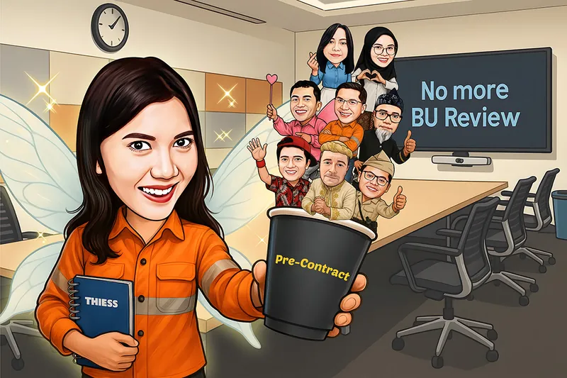 Karikatur seorang perempuan berseragam kerja oranye bersayap peri memegang buku catatan dan gelas kopi besar bertuliskan pre-contract, dengan delapan rekan kecil duduk di dalam gelas itu dan layar ruang rapat di belakangnya