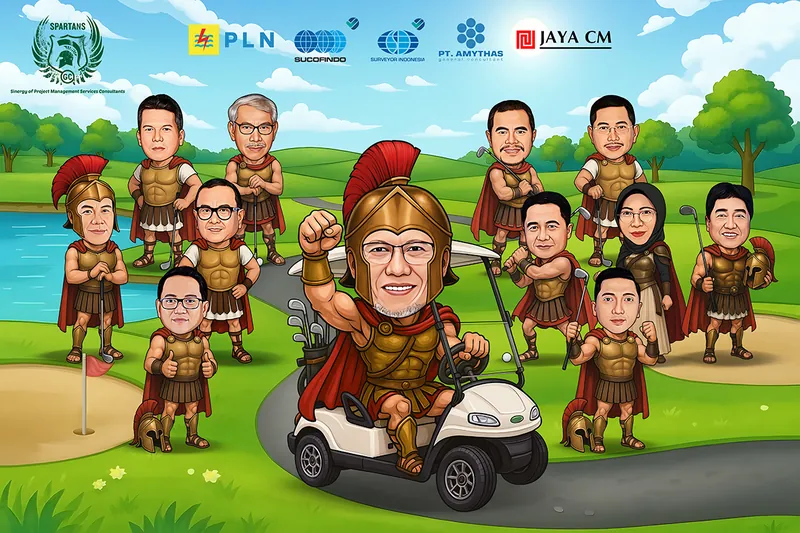 Karikatur rombongan berkostum prajurit Spartan berkumpul di lapangan golf, satu orang berzirah emas mengendarai mobil golf putih sambil mengepalkan tangan, dengan deretan logo perusahaan konsorsium proyek berjejer di bagian atas gambar.