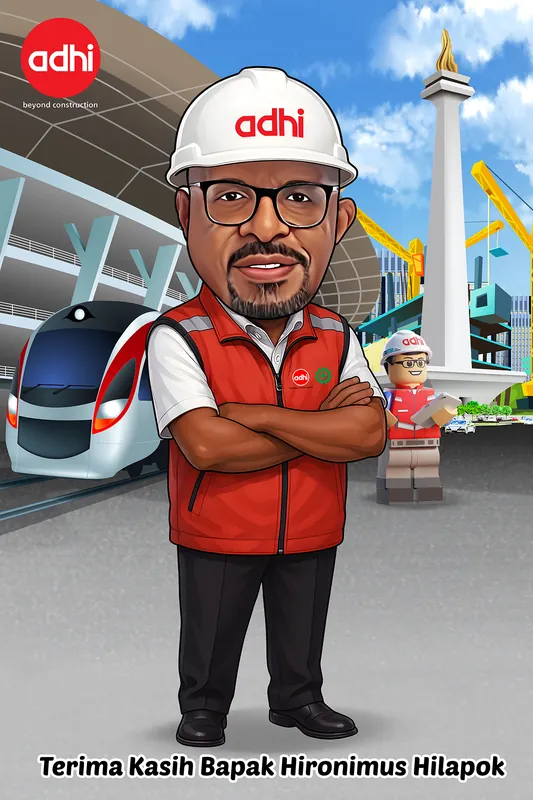 Karikatur pria berjenggot dan berkacamata mengenakan helm proyek putih berlogo perusahaan konstruksi dan rompi merah reflektif, bersedekap dengan senyum tenang, dengan latar kereta ringan modern di stasiun dan tugu monumen nasional dikelilingi alat berat derek kuning.