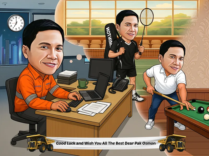 Karikatur pria berseragam oranye keselamatan duduk bekerja di meja kantor dengan laptop dan telepon, digambarkan pula dalam balon pikiran sedang bermain bulu tangkis dan biliar, dengan miniatur truk tambang kuning menghiasi pita ucapan di bagian bawah.