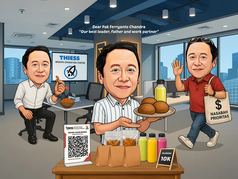 Karikatur tiga pria di ruang kantor modern bertuliskan Remote Operation Centre, satu orang di tengah memegang piring donat dan minuman botol warna-warni di atas meja kios kecil berisi jajanan dan kode QR pembayaran, satu lagi berjalan membawa tas bertuliskan nasabah prioritas.