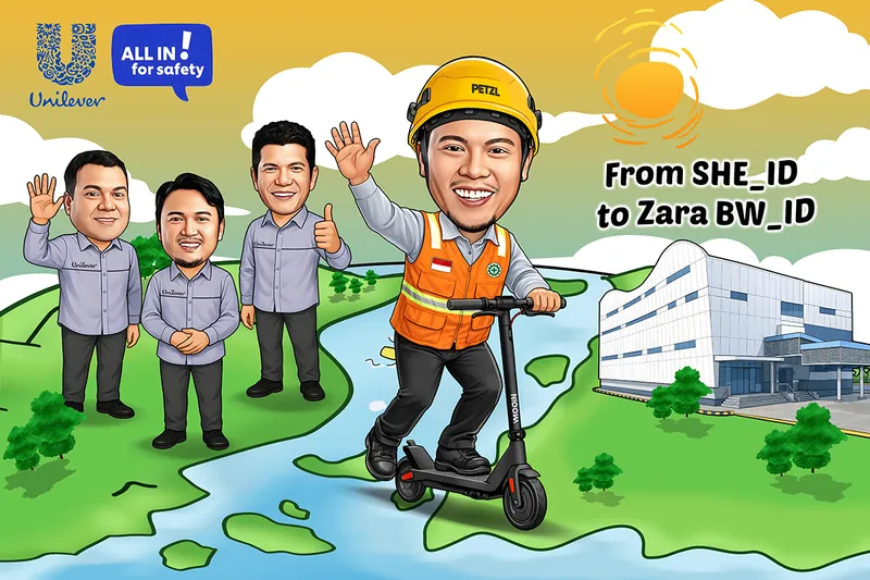 Karikatur pria berompi keselamatan oranye dan helm proyek kuning mengendarai skuter listrik melintasi ilustrasi peta bergambar sungai dan daratan hijau, melambaikan tangan kepada tiga rekan berkemeja abu-abu perusahaan yang berdiri melambai di sisi kiri, dengan gedung pabrik modern di sisi kanan.