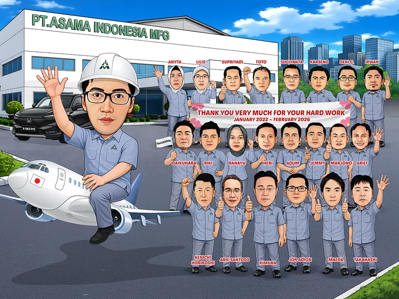 Karikatur pria berhelm proyek putih dan berkacamata duduk di atas badan pesawat kecil bertanda bendera Jepang, melambaikan tangan meninggalkan lebih dari dua puluh rekan kerja berseragam abu-abu yang berdiri di halaman pabrik sambil membentangkan spanduk ucapan terima kasih, dengan mobil sport utility hitam dan gedung pabrik di latar belakang.