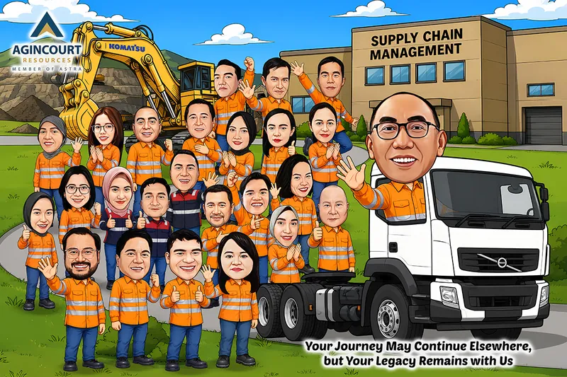 Karikatur sekitar dua puluh lima pekerja tambang berseragam oranye berdiri di halaman berumput, dengan kepala truk putih besar di kanan, ekskavator kuning di kiri, dan gedung kantor rantai pasok di belakang