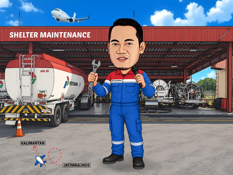 Karikatur seorang teknisi berbaju kerja biru merah memegang kunci inggris dan mikrofon, berdiri di depan truk tangki pengisi bahan bakar pesawat di dalam gudang perawatan, dengan pesawat lepas landas di langit
