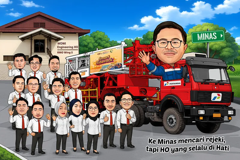 Karikatur pria berkacamata dan berseragam biru merah Pertamina duduk di kabin truk unit perawatan sumur berwarna merah lengkap dengan menara mekanik di baknya, melambaikan tangan kepada tiga belas rekan kerja berkemeja putih berdasi merah yang berdiri di halaman kantor teknik, dengan papan penunjuk arah ke lokasi lapangan migas di sisi kanan.