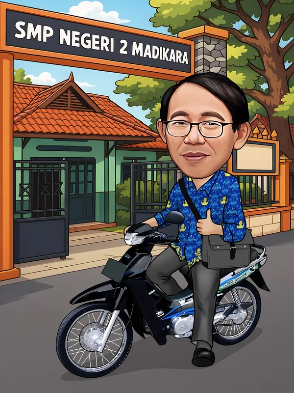 Karikatur pria berkacamata berkemeja batik biru bermotif kuning duduk di atas motor bebek hitam sambil mengacungkan jempol, menyandang tas selempang, di depan gapura bertuliskan SMP Negeri 2 Madikara
