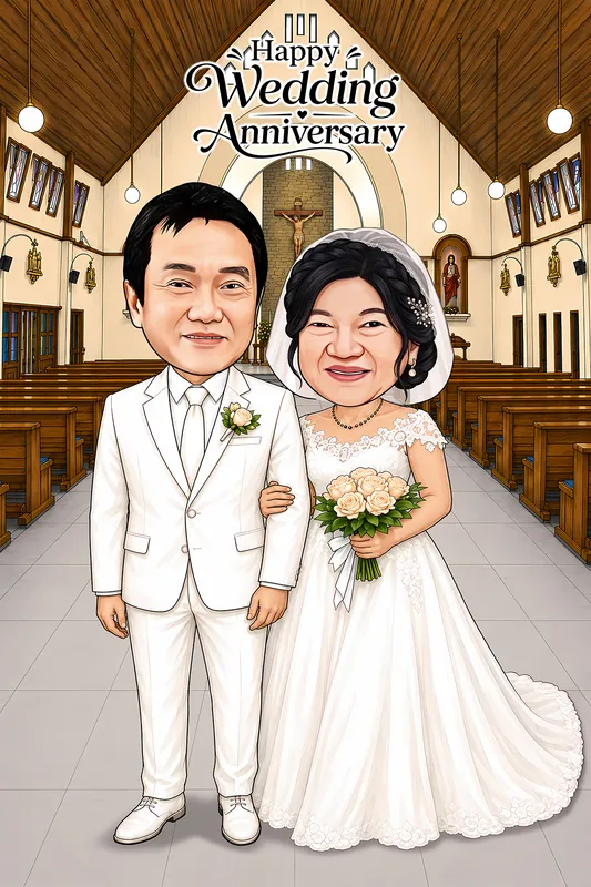 Karikatur pasangan lanjut usia berdiri berdampingan di lorong gereja, pria berjas putih dengan bunga mawar krem di dada, perempuan bergaun pengantin putih berenda lengkap dengan kerudung tipis dan buket mawar krem, dengan latar bangku kayu gereja dan salib besar di altar.
