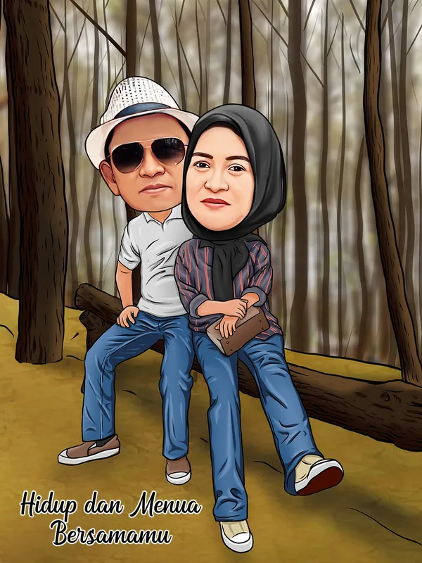 Karikatur sepasang suami istri paruh baya duduk di batang pohon tumbang di tengah hutan pinus, yang pria bertopi pantai dan berkacamata hitam, yang perempuan berhijab hitam dan berkemeja bergaris