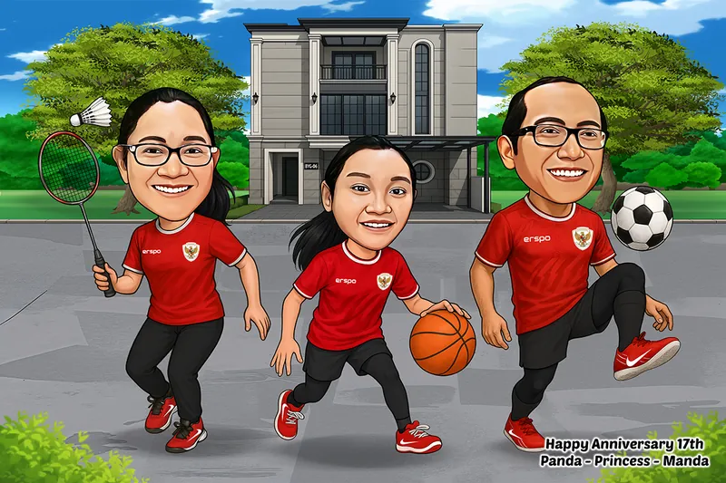 Karikatur satu keluarga tiga orang berseragam olahraga merah bergaris, memegang raket bulu tangkis, bola basket, dan bola sepak sambil beraksi di halaman rumah tiga lantai bergaya modern.
