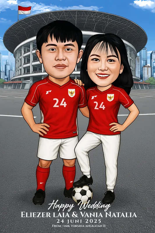 Karikatur sepasang pengantin mengenakan jersey merah tim nasional sepak bola bernomor punggung sama, pria bertolak pinggang dan perempuan menyandarkan kaki di atas bola sambil merangkul bahu pasangannya, dengan latar stadion megah beratap jaring dan bendera merah putih berkibar.