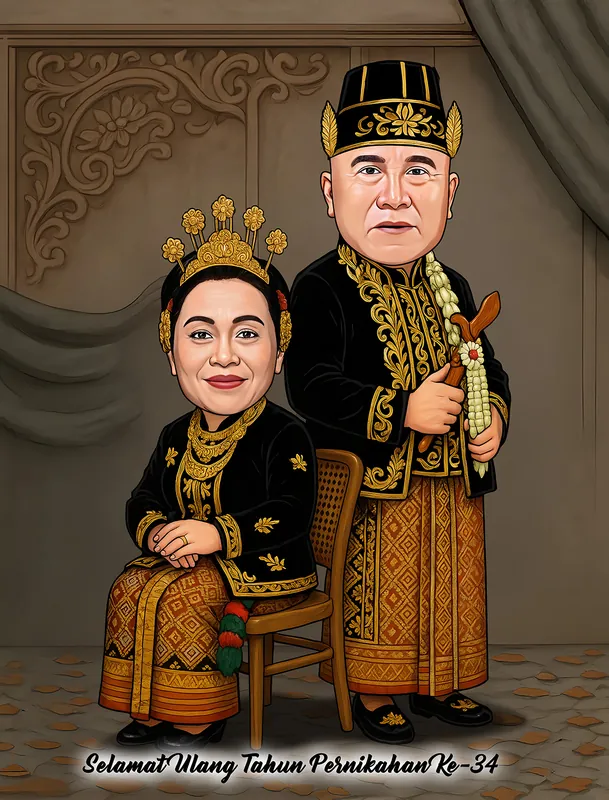Karikatur pasangan suami istri mengenakan busana pengantin adat Jawa berwarna hitam bersulam emas, perempuan duduk di kursi kayu ukir dengan mahkota bunga emas, pria berdiri memegang untaian bunga melati sambil mengenakan kuluk hitam bersulam emas, dengan latar dinding berukir kayu.