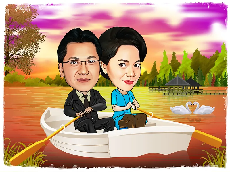 Karikatur sepasang pengantin duduk berdampingan di perahu kayu putih sambil memegang dayung, pria berjas hitam berdasi dan perempuan berblus biru dengan celana cokelat, dengan latar danau bermandi cahaya senja ungu jingga, dua ekor angsa putih membentuk siluet hati di air, dan gazebo kayu di kejauhan.