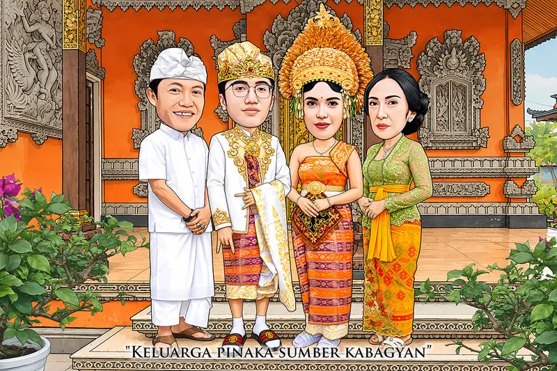 Karikatur empat anggota keluarga mengenakan busana adat Bali, pengantin perempuan bermahkota emas tinggi berhias bunga dan kain songket oranye keunguan, pengantin pria berbusana putih keemasan, diapit dua anggota keluarga berbusana serupa, dengan latar gapura pura berukir emas dan oranye.