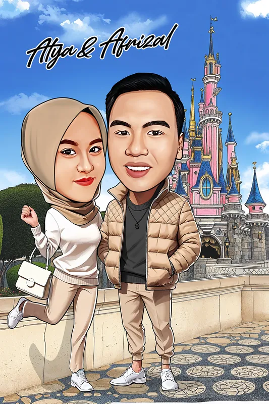 Karikatur pasangan muda berbusana serba krem berdiri berdampingan di depan kastil taman hiburan berwarna merah muda, yang perempuan berhijab dan menenteng tas tangan putih