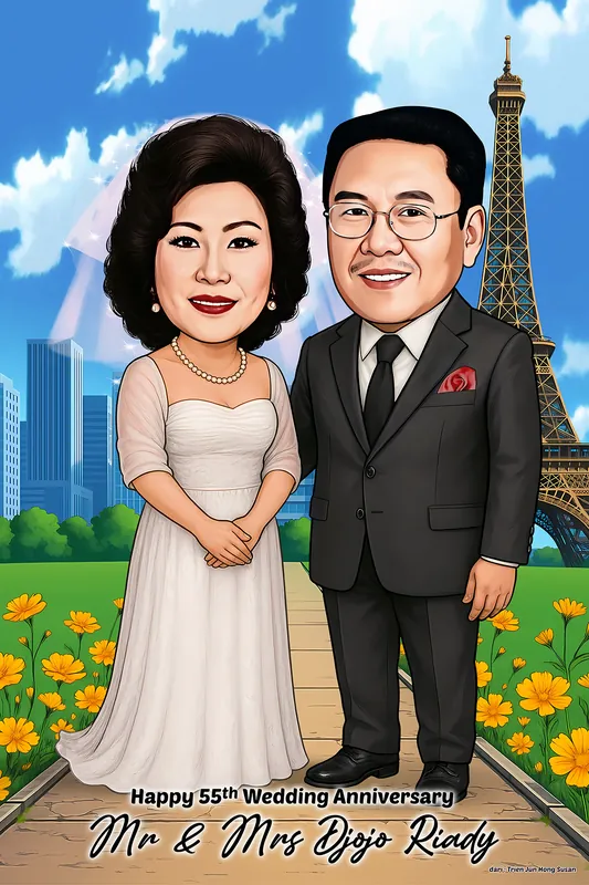 Karikatur pasangan lanjut usia berdiri berdampingan di jalan setapak taman, perempuan mengenakan gaun putih panjang berkalung mutiara, pria berjas hitam berdasi dan saku dada merah, dengan latar menara besi tinggi khas Paris dan hamparan bunga kuning di kedua sisi jalan.