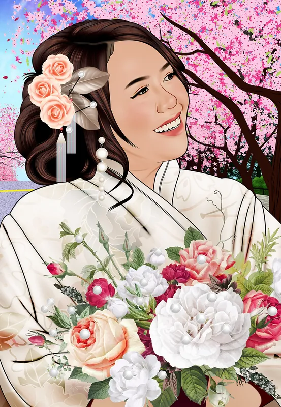 Karikatur potret seorang pengantin perempuan berkimono putih berhias bunga di rambut, memegang buket mawar putih dan merah muda, dengan pohon sakura bermekaran memenuhi latar belakang