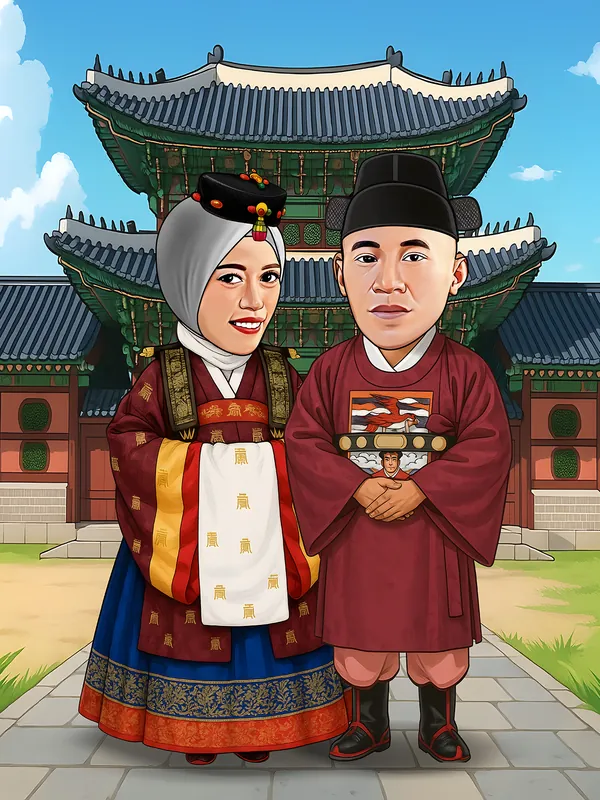 Karikatur pasangan mengenakan busana kerajaan tradisional Korea berwarna merah marun, perempuan berhijab abu-abu dengan hiasan kepala hitam berhias manik warna-warni dan selendang putih bersulam aksara Hanja, pria mengenakan topi hitam tinggi dan jubah berlambang burung phoenix di dada, dengan latar istana kayu beratap hijau bertingkat.