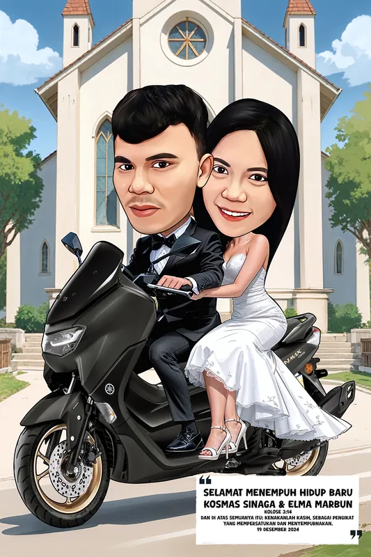 Karikatur pengantin pria berjas hitam berdasi kupu-kupu mengendarai motor matic hitam sambil memboncengkan pengantin perempuan bergaun putih, dengan gedung gereja putih bermenara kembar di belakang mereka