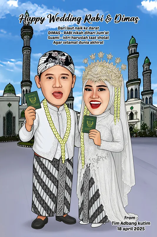 Karikatur sepasang pengantin memegang buku nikah hijau bersampul lambang garuda, pria berpeci batik dan kain sarung motif parang, perempuan berhijab putih dengan mahkota bunga emas dan kalung melati panjang, dengan latar masjid raya bermenara kembar hijau putih.