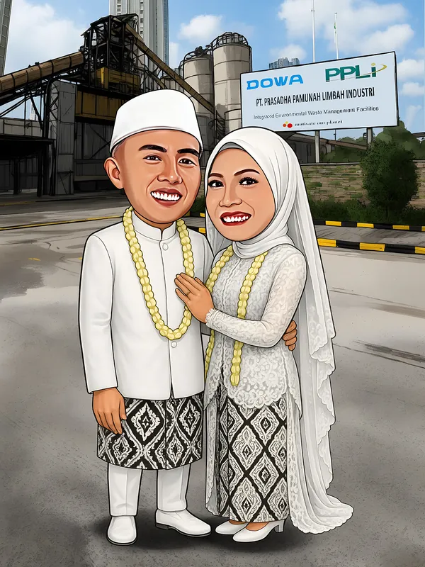 Karikatur sepasang pengantin mengenakan busana muslim putih serasi berkalung bunga melati kuning menjuntai panjang, pria berpeci putih dan sarung songket hitam putih, perempuan berhijab dan gaun renda putih dengan kain motif serupa, dengan latar pabrik pengolahan limbah industri dan papan nama perusahaan.
