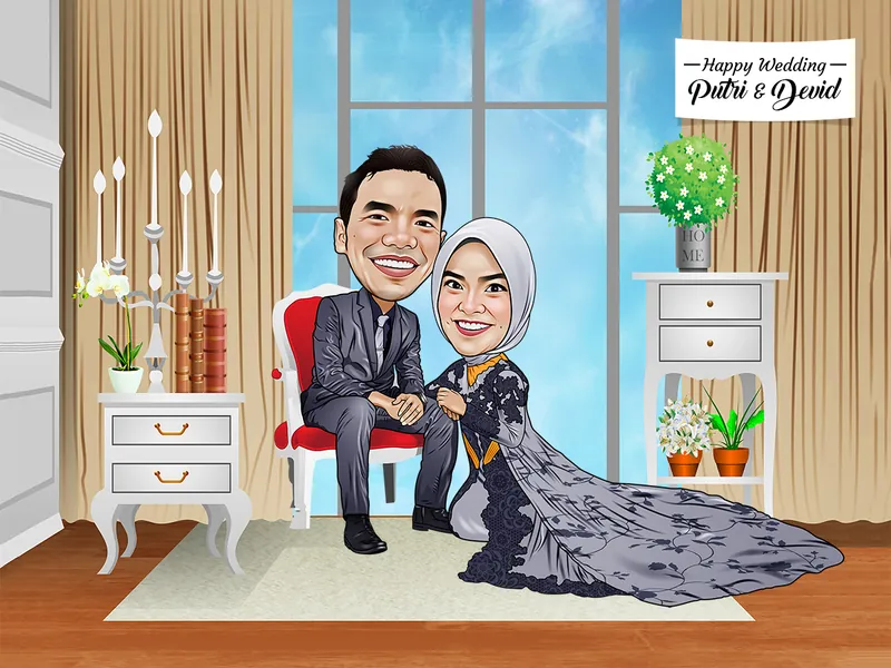 Karikatur pengantin pria berjas abu-abu duduk di kursi berlapis merah bersama pengantin perempuan berkebaya panjang berekor menjuntai, di ruang tamu bertirai krem dengan jendela besar di belakang