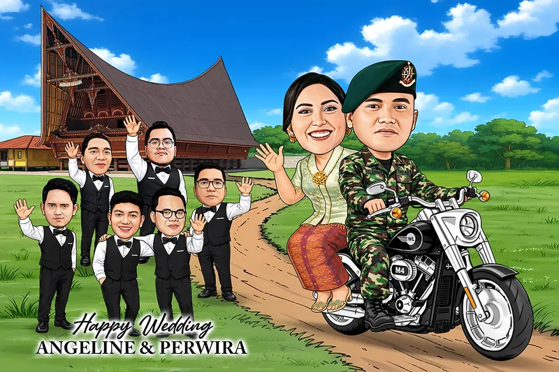 Karikatur pengantin perempuan berkebaya adat dan pengantin pria berseragam loreng berbaret hijau berboncengan di atas motor gede, dengan tujuh sahabat berjas hitam melambai dan rumah adat Batak sebagai latar