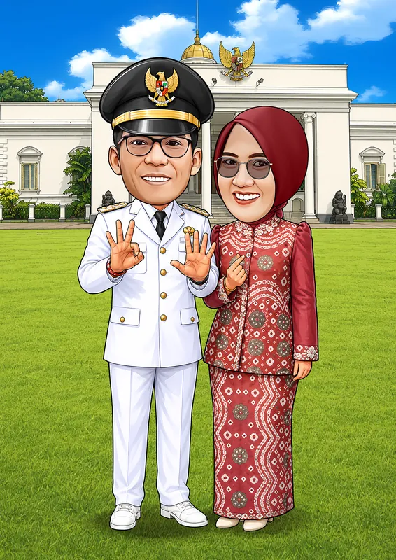 Karikatur seorang pejabat berseragam dinas putih bertopi pet berlambang garuda bersama istrinya yang berkebaya merah marun dan berhijab, berdiri di halaman rumput luas di depan gedung berpilar putih beratap kubah emas