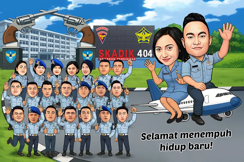 Karikatur sepasang pengantin berseragam biru muda TNI AU duduk berdampingan di atas badan pesawat penumpang, dengan sekitar dua puluh dua rekan berbaris melambai di depan gerbang skadron pendidikan