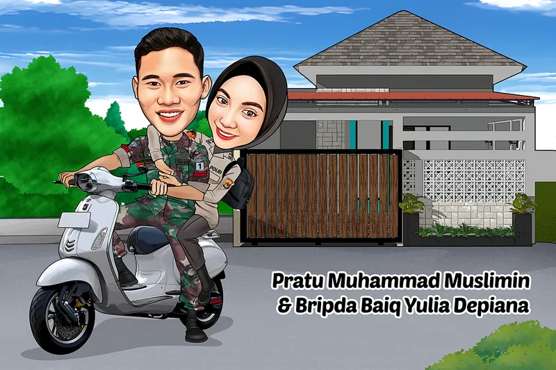 Karikatur sepasang pengantin mengendarai skuter matik putih, pria berseragam loreng TNI AD duduk di depan mengemudikan motor, perempuan berhijab hitam berseragam cokelat Polri duduk membonceng sambil merangkul, dengan latar rumah modern beratap abu-abu dan pagar kayu.